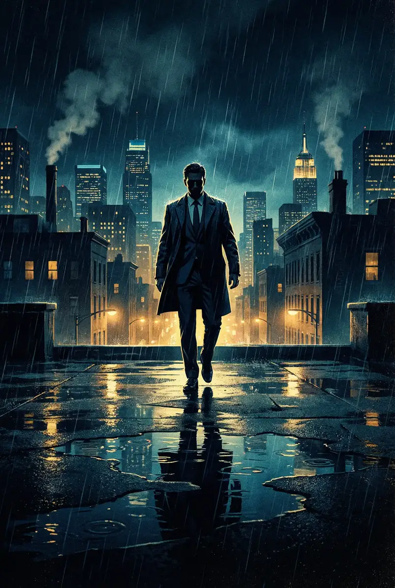 解放的潘多拉 快播 出品影片《雨夜独行者》海报，雨中城市屋顶男性剪影